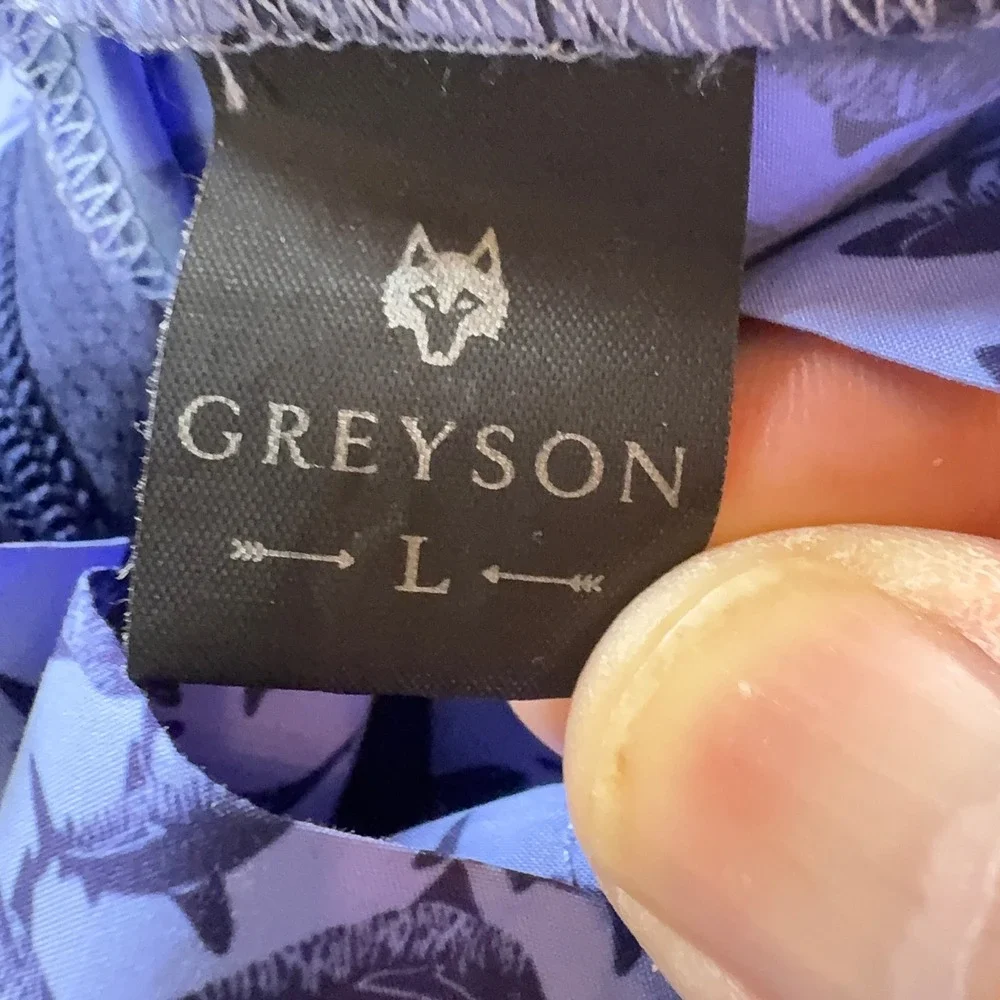 Greyson Mens Shark Print Swim Trunks Purple Blue Mesh Lined Board Shorts Size L